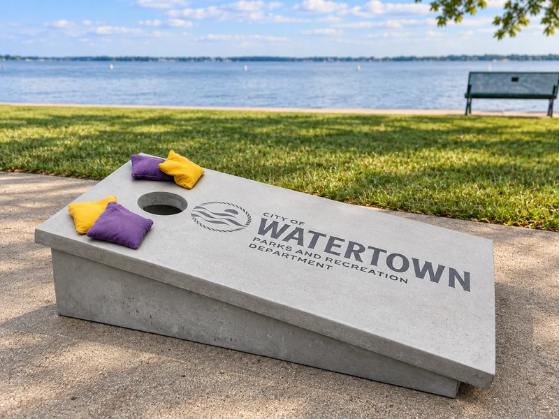 ACC concrete cornhole board with custom park logo beside a lake