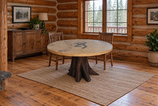 Round graphic concrete table in a wider, softly lit cabin dining room scene