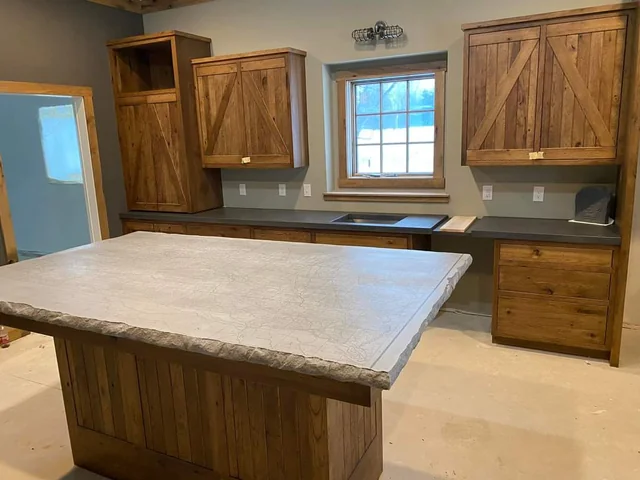 Map-stained kitchen island