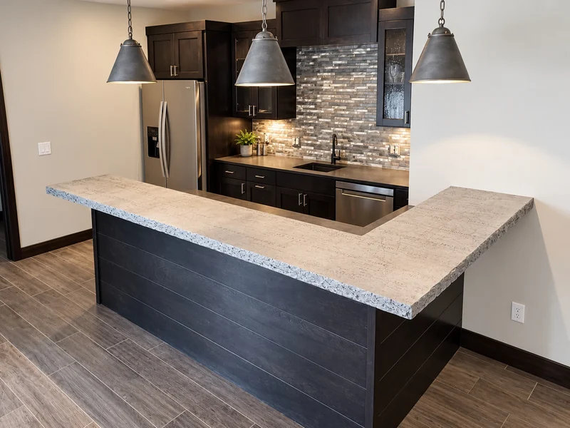 ACC light concrete kitchen peninsula with a textured edge